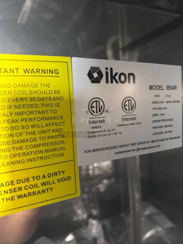 Brand new Ikon IB54R commercial refrigerator label showing ETL & NSF listings, warning, and contact info.