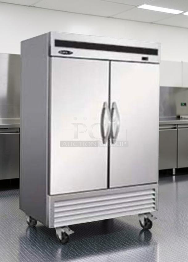 Brand new Ikon IB54F commercial double door reach-in freezer, 54 in, R290 refrigerant, ETL & NSF listed, on wheels.