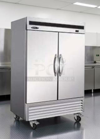 Brand new Ikon IB54F commercial double door reach-in freezer, 54 in, R290 refrigerant, ETL & NSF listed, on wheels.
