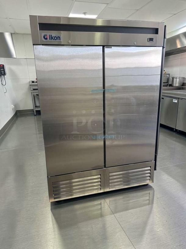 Brand new Ikon IB54F commercial double door reach-in freezer, 54 in, stainless steel, R290 refrigerant, ETL & NSF listed.