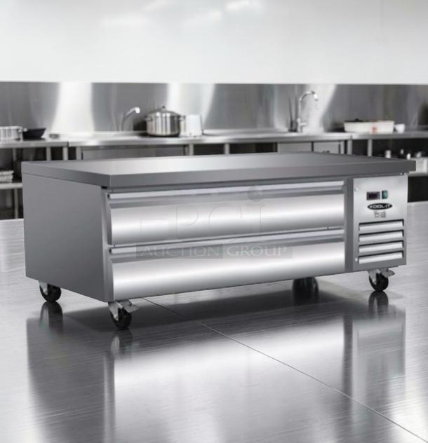 Brand new Ikon ICBR-62 chef base refrigerator, 62-inch stainless steel, refrigerated equipment stand, commercial use.