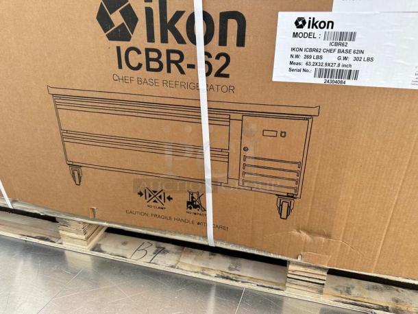 Brand new Ikon ICBR-62 Chef Base Refrigerator in original packaging, stainless steel, 62 inches, model ICBR-62.