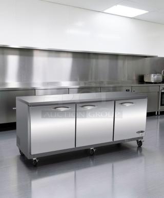 Brand new Ikon IUC72R commercial undercounter refrigerator, 72-inch stainless steel, 3-door prep, ETL & NSF listed.