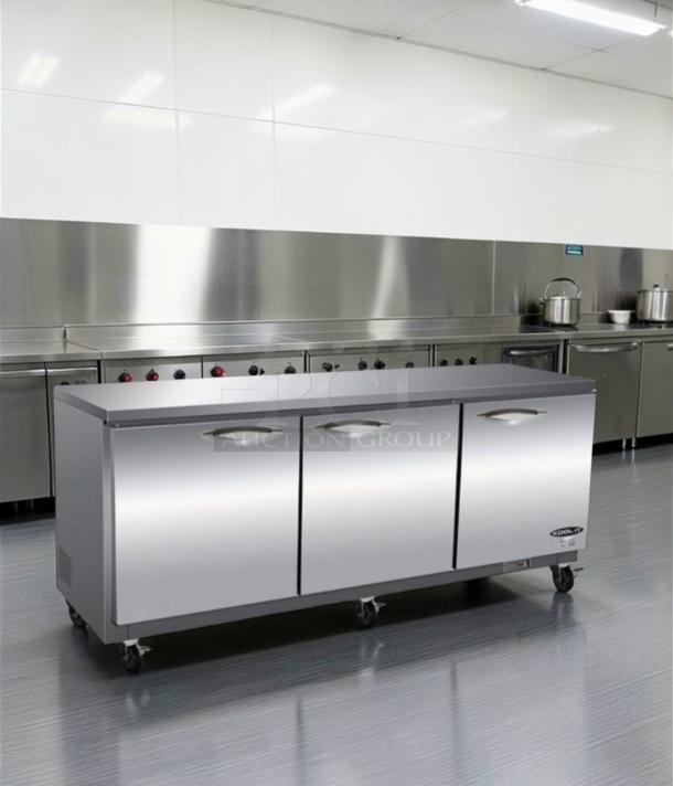 Brand new Ikon IUC72F commercial undercounter freezer, 72" stainless steel, three-door, ETL & NSF listed, wheel-mounted.