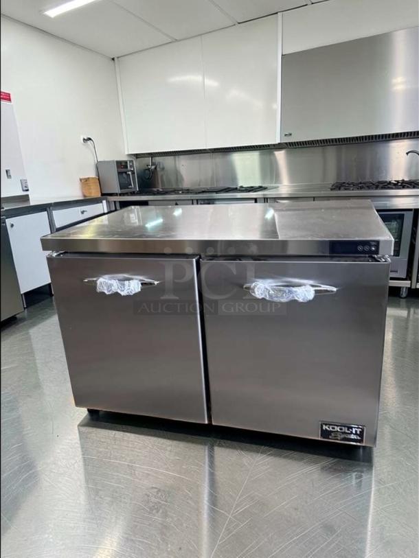 Brand new Kool-It KUCF-48-2 commercial undercounter freezer, 48-inch double door, stainless steel, R290 refrigerant, ETL & NSF listed.