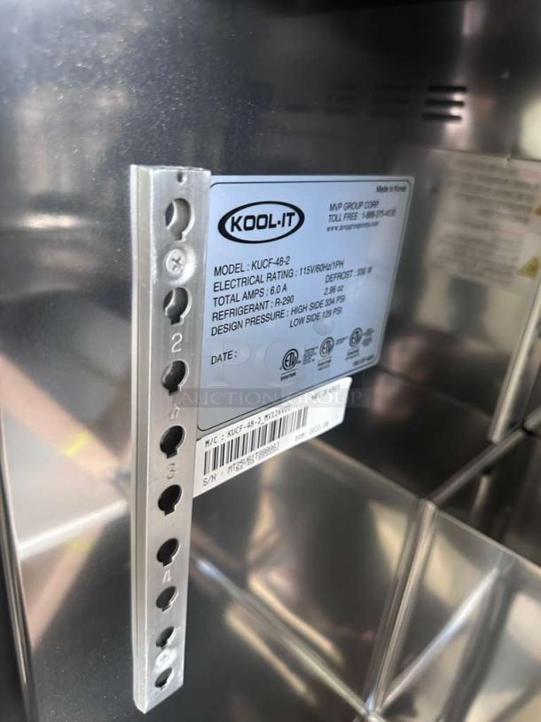 Brand new Kool-It KUCF-48-2 undercounter freezer, stainless steel, 48-inch, double door, uses R290 refrigerant. ETL & NSF listed.