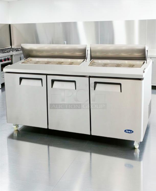 Brand new Atosa MSF8304GR 3-door mega top sandwich prep table, stainless steel, ETL & NSF listed, catering equipment.