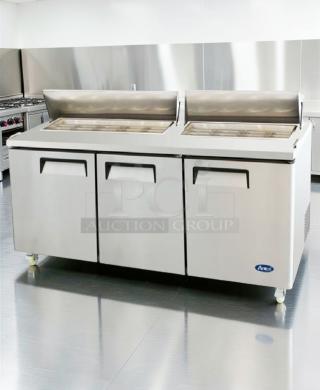 Brand new Atosa MSF8304GR 3-door mega top sandwich prep table, stainless steel, ETL & NSF listed, catering equipment.