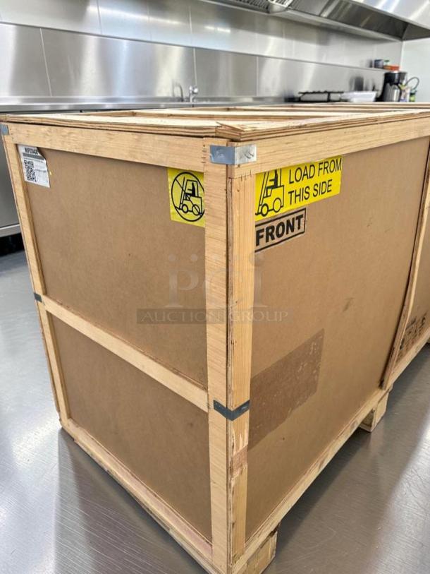 Crated Atosa MSF8304GR 3-Door Mega Top Sandwich Prep Table Refrigerator, stainless steel, brand new, ETL & NSF listed.