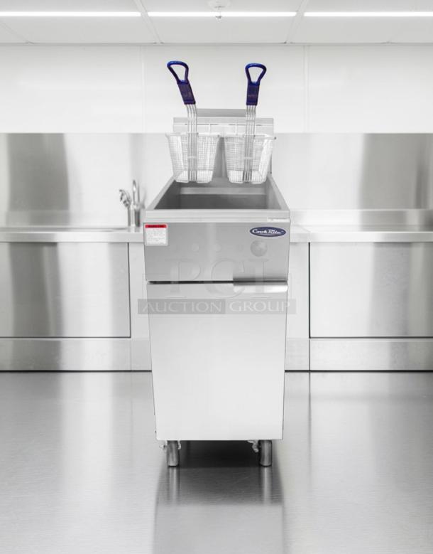 Brand new Atosa CookRite ATFS-40 commercial gas fryer, 40 lb capacity, stainless steel, ETL & NSF listed, two baskets.