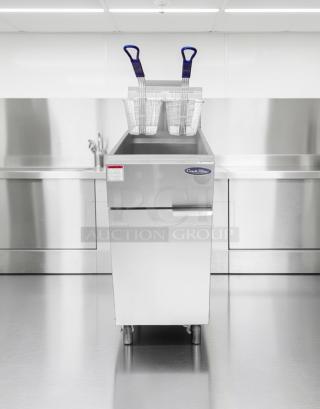 Brand new Atosa CookRite ATFS-40 commercial gas fryer, 40 lb capacity, stainless steel, ETL & NSF listed, two baskets.