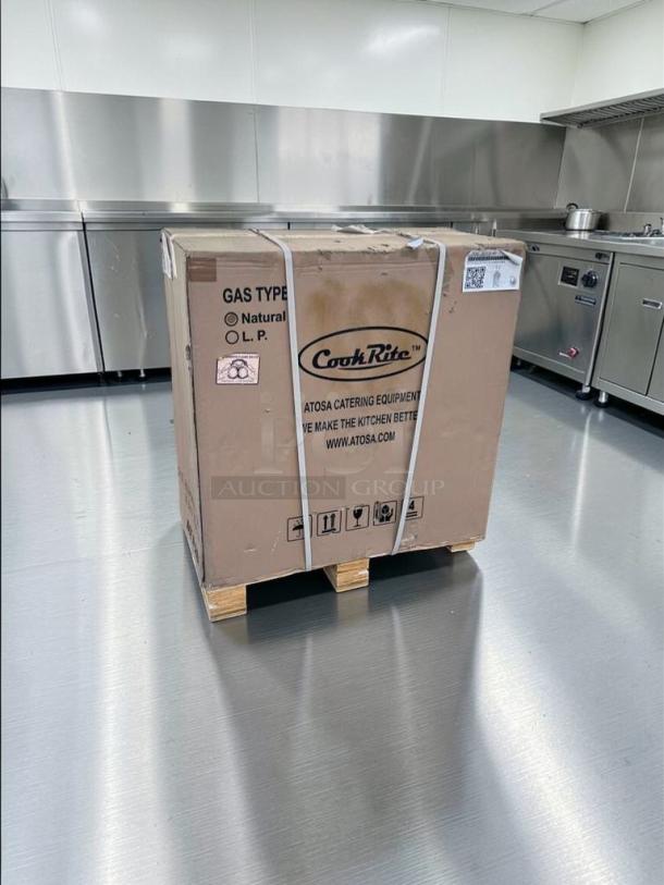 Brand new Atosa CookRite ATFS-40 commercial 40 lb gas fryer in packaging. Stainless steel, ETL & NSF listed.