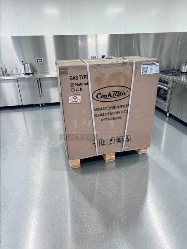 Brand new Atosa CookRite ATFS-40 commercial gas fryer in original packaging, 40 lb capacity, stainless steel, ETL & NSF listed.