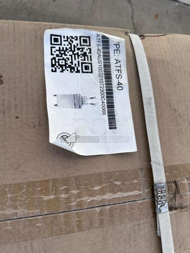 Brand new Atosa CookRite ATFS-40 gas floor fryer box with label, model details, QR code, and NSL/ETL certification tags.