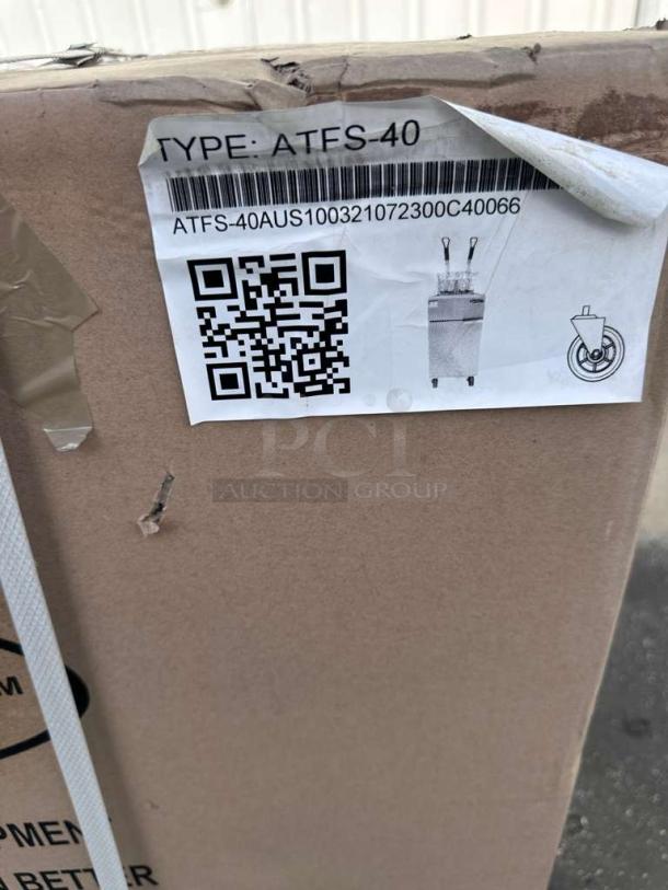 Brand New Atosa CookRite ATFS-40 Fryer; 40 lb capacity, stainless steel, ETL & NSF listed, barcode and QR code visible.