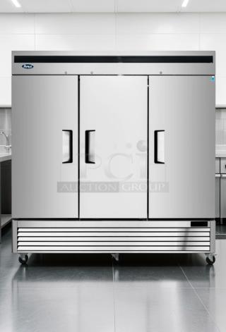 Brand new Atosa MBF8508GR 3-door commercial refrigerator, stainless steel, bottom mount compressor, ETL & NSF listed.
