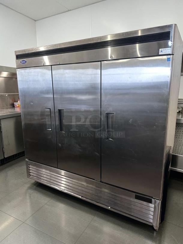 Brand new Atosa MBF8508GR 3-door commercial refrigerator, stainless steel, bottom mount compressor, ETL & NSF listed.