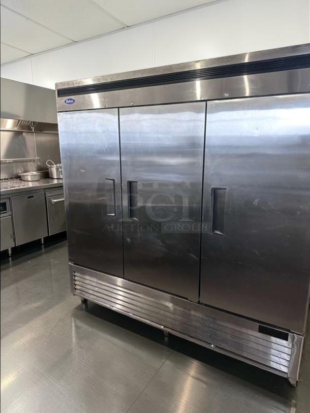 Brand new Atosa MBF8508GR 3-door stainless steel commercial refrigerator with bottom mount compressor, ETL & NSF listed.