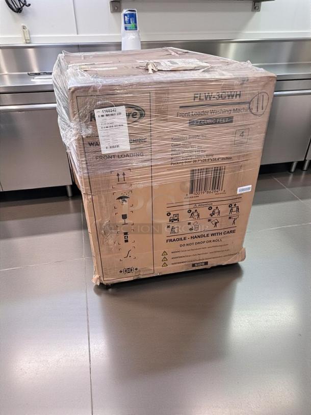 Brand new KoolMore FLW-3CWH commercial front-load washing machine in box, 3.0 cu. ft., UL listed, never used.