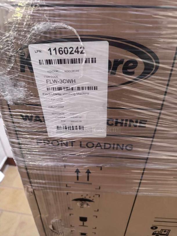 Boxed KoolMore FLW-3CWH commercial washing machine, 3.0 cu. ft., UL Listed, new condition with label showing item code and vendor details.