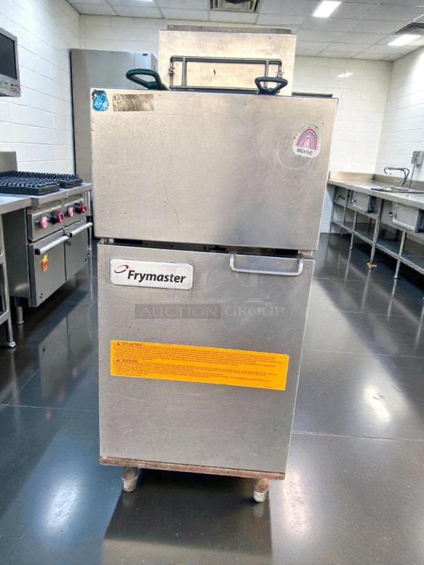 Pristine Frymaster 1ESG35T Gas Fryer in stainless steel, natural gas, fully tested, labels displaying safety and brand info visible.