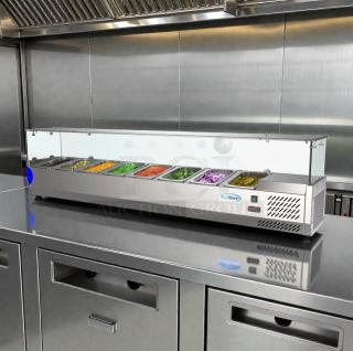 Brand new KoolMore SCDC-8P-SG refrigerated prep rail, 8-pan capacity, glass sneeze guard, UL listed, in original box.