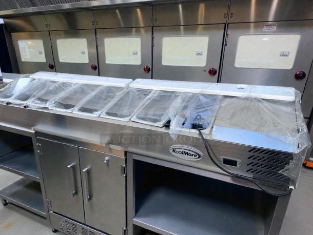 Brand new KoolMore SCDC-8P-SG refrigerated prep rail with 8-pan capacity, glass sneeze guard, UL listed, in original box.