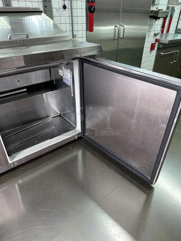 Continental Commercial Refrigerated Prep Table, stainless steel, excellent condition, NSF & UL listed, open door view.