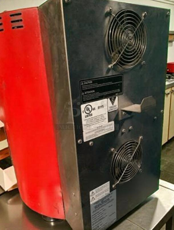 Red TurboChef FIRE countertop pizza oven, single deck, 208–240V, UL Listed, excellent condition, back view with fan vents and labels.