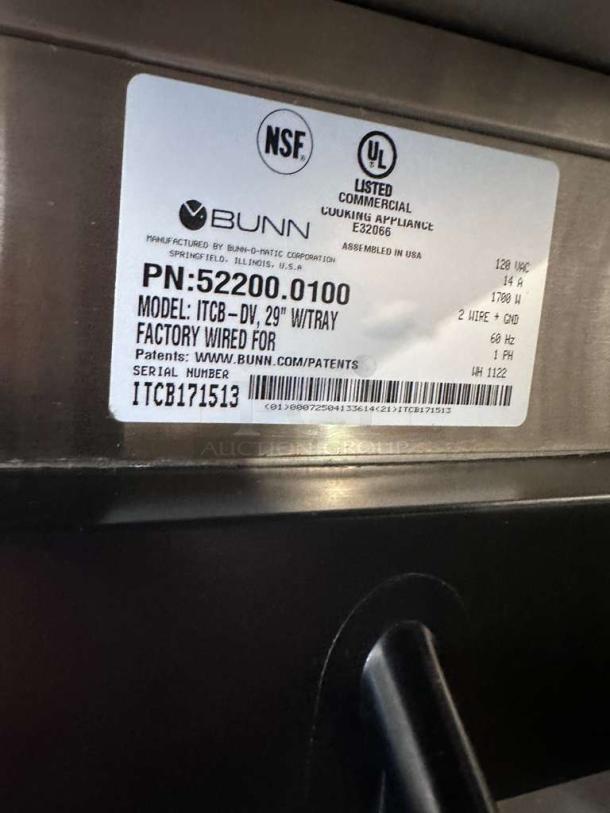 High-grade Bunn ITCB-DV 29" commercial coffee brewer. Digital controls, 120V. UL listed, fully tested. Serial: ITCB171513.
