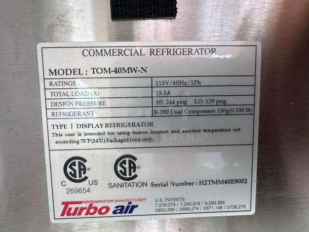 Alt text: Turbo Air TOM-40MW-N commercial refrigerator label showing model, 115V power, R290 refrigerant, and certifications.