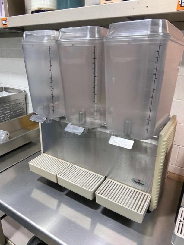 Crathco D35-4 triple bowl cold beverage dispenser, excellent condition, stainless steel, NSF & UL listed, 115V, fully tested.