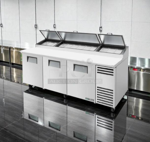 Superior condition True TPP-93 three-door pizza prep refrigerator, 93" wide, UL listed, fully operational, 115V.