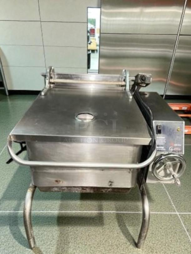 Groen BP-30G commercial gas tilting braising pan, 30-gallon capacity, 120V, fully tested, excellent condition, sturdy legs.