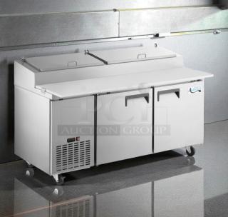 Avantco 60" two-door pizza prep refrigerator, stainless steel, UL Listed, prime condition, fully tested, on casters.