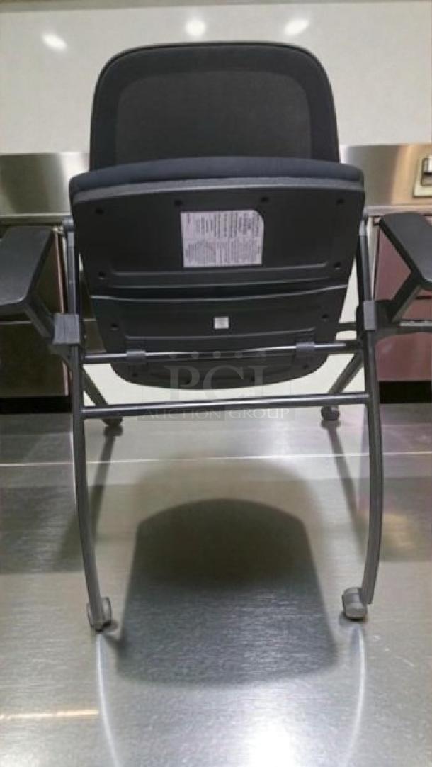 Commercial Institutional Furniture stackable training chair with arms, sled base frame, fully inspected, black upholstery.