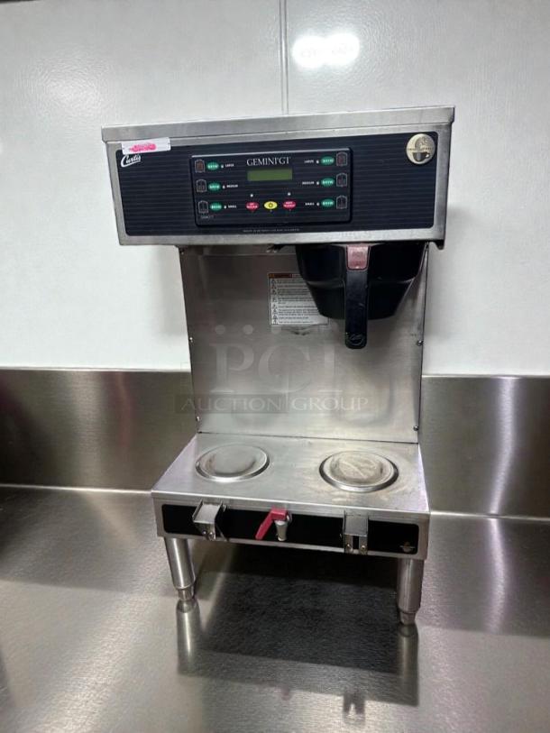 Wilbur Curtis GEMTS10A1000 Gemini Twin Commercial Coffee Brewer, stainless steel, 220V, UL & NSF listed, fully tested, excellent condition.