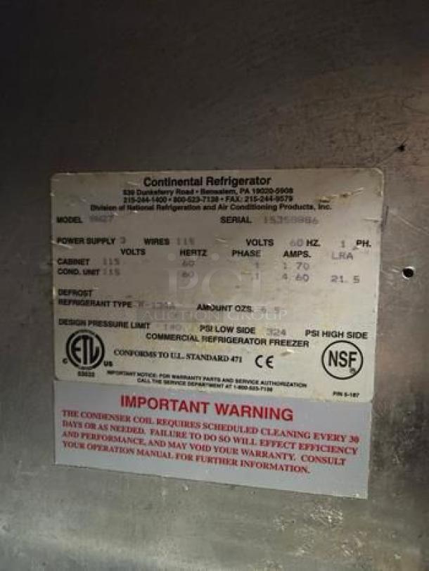 Continental Undercounter Refrigerator label showing model, serial, voltage, and warning details.