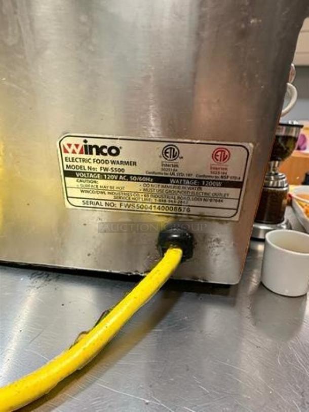 Winco FW-S500 electric food warmer, stainless steel, 1200W, commercial countertop, fully tested, superior condition. Serial: FWS5004140008676.