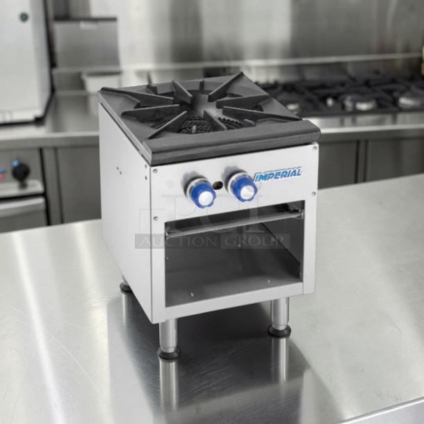 Imperial ISPA-18 single burner stock pot range, stainless steel, gas-powered, excellent condition, tested, with Imperial logo.