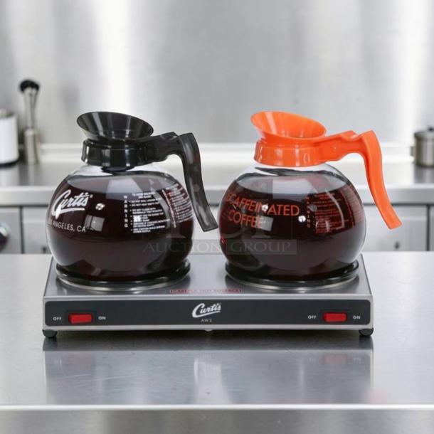 Curtis AW-2-10 two burner coffee decanter warmer, stainless steel; features on/off switches, two glass decanters.