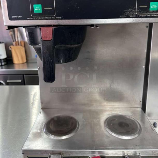 Curtis GEMINI twin coffee brewer, model SCGEM-612ILDS10, stainless steel, commercial-grade, fully operational.