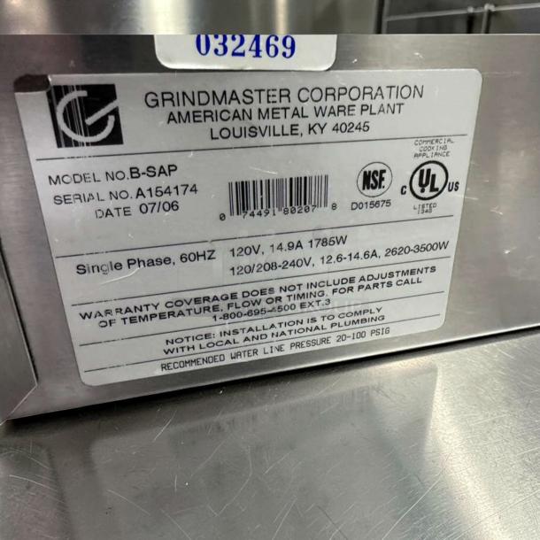 Grindmaster B-SAP PrecisionBrew Coffee Brewer, dual airpot, 120V, stainless steel, excellent condition, fully operational. Model B-SAP, serial A154174.