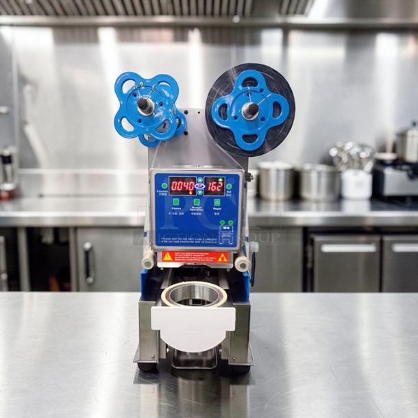 Exceptional condition Y-Fang ET-99SU cup sealing machine, 90-98mm, automatic, UL listed, fully tested, operational.