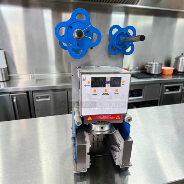 Y-Fang ET-99SU Cup Sealing Machine in exceptional condition, 90–98mm capacity, commercial automatic sealer, UL listed, fully tested.