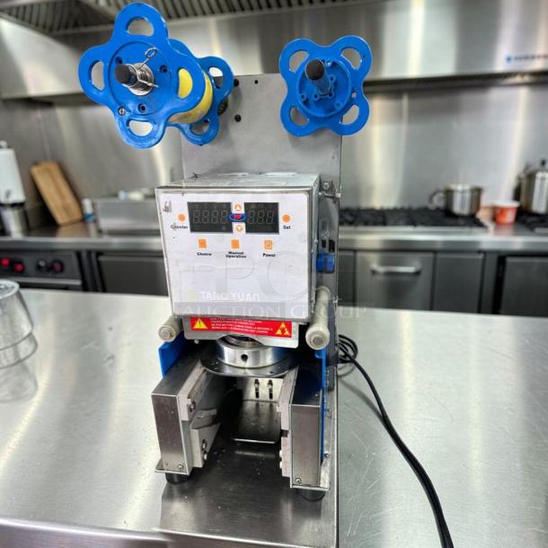 Y-Fang ET-99SU cup sealing machine, 90-98mm, excellent condition, commercial automatic sealer, UL listed, fully tested.