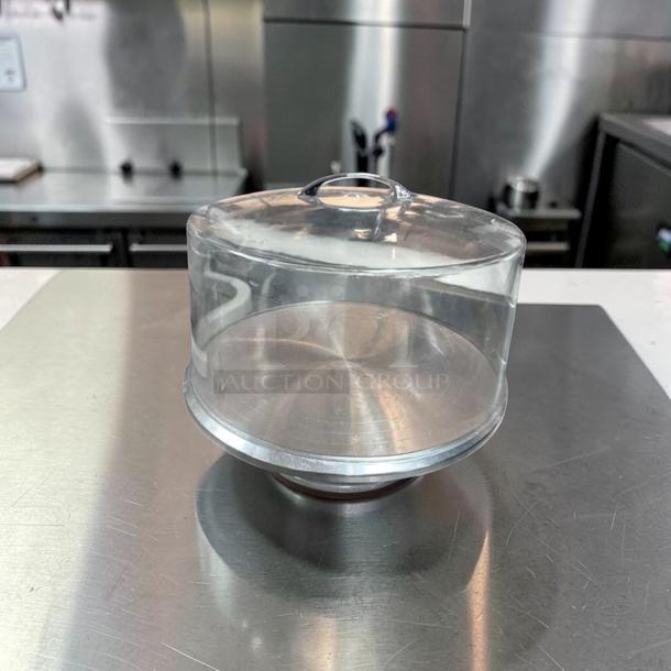 Acrylic cake display dome with stainless steel base, 12" diameter, commercial grade, premium condition.