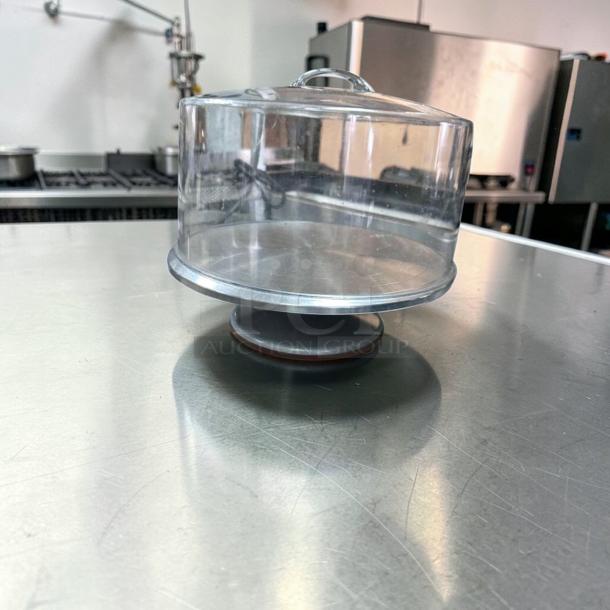 Acrylic cake display dome with 12" diameter, stainless steel base, premium condition, commercial grade, fully tested.