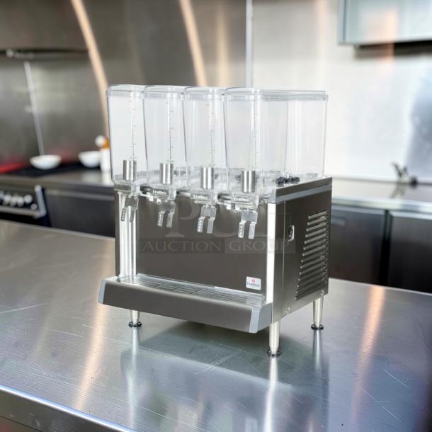 Crathco CS-4E-16-290 drink dispenser, four-bowl pre-mix system, 120V, stainless steel, excellent condition, tested operational.