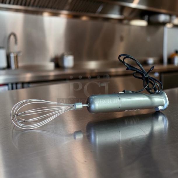Cuisinart HB-400PC stick blender in excellent condition, 400W, handheld, with attached whisk, on stainless steel countertop.